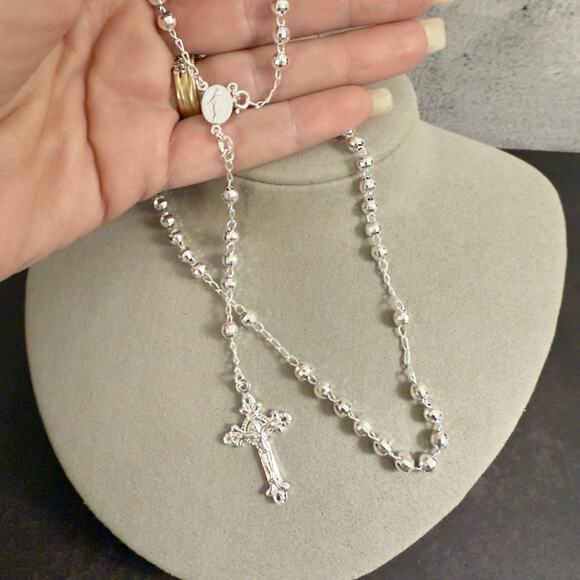 20in Long Rosary Beads Necklace Solid 925 Sterling Silver ITALY 4.8mm-NEW - Picture 6 of 13